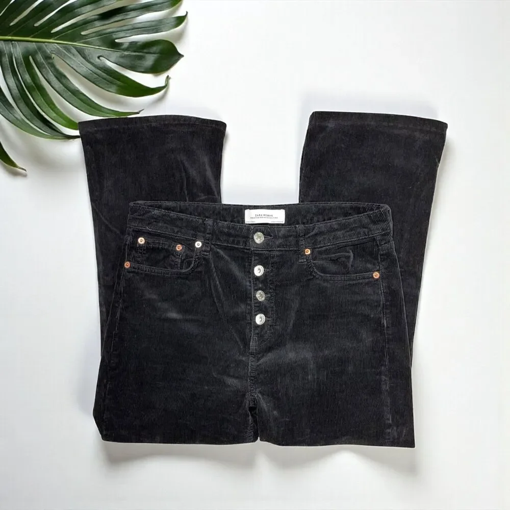 Zara Woman High-Rise Corduroy Button-Fly Cropped Kick Flare Pants